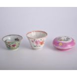 Chinese pink ground cushion shape circular box, four-character mark, decorated with flowers,