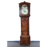 Mahogany longcase clock, damaged pediment, the hood with turned and fluted uprights,