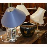 Pair of brass standard lamps, with shades, 142cm; and a collection of table lamps, and ceramics.