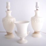 Pair of Wedgwood & Barlaston Queen's Ware urn-shape lamp bases, together with an urn shape pot.