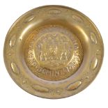 Embossed brass Alms dish, Ave Gratia Plena Anno Domini 1503, diameter 40cm.