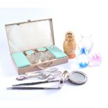Compacts, two paperweights, toilet set, small silver frame etc.