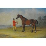 E. Brown (?), 'Horse and Groom', indistinctly signed, oil on panel, 23cm x 33cm.