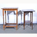 Stained beechwood occasional table, serpentine rectangular top, barleytwist legs joined by a shelf,