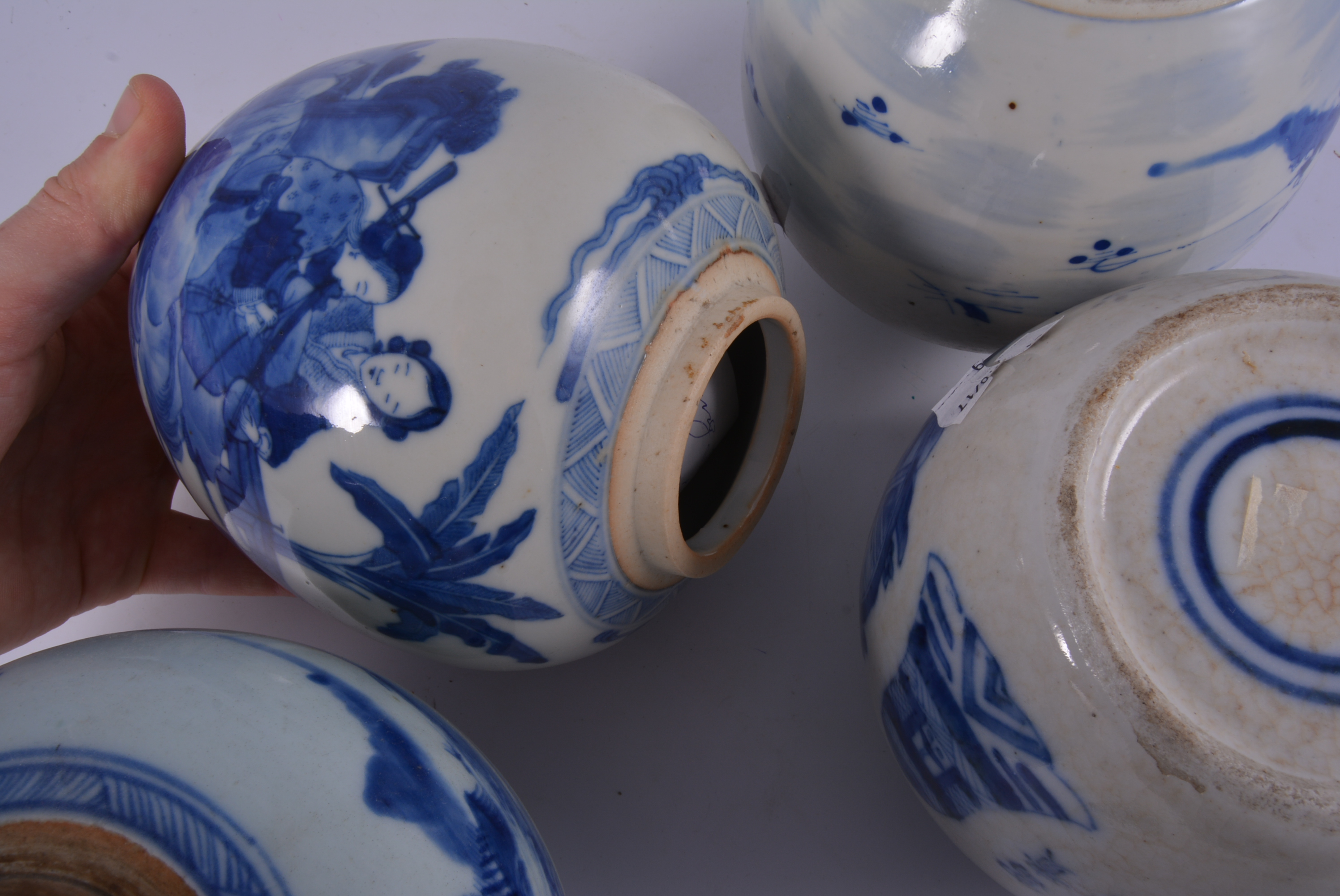 Chinese blue and white ginger jar, continuous landscape, with a fisherman, wooden lid and stand, - Image 4 of 6