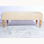 Modern stool, rectangular upholstered top, turned oak legs, 102cm x 53cm, height 40cm.