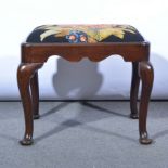 George III mahogany stool, drop-in seat with floral pattern gros point needlework, on cabriole legs,