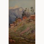 Charles King, mountainous landscape with lodges, watercolour, indistinctly signed, 56cm x 35cm.