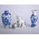 Chinese blue and white model of a Temple lion; and a collection of Chinese blue and white porcelain.