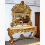 Reproduction Florentine style console table, serpentine marble top, carved and scrolled,