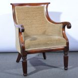 Victorian mahogany library chair, re-upholstered in fawn velour, scrolled arms, fluted legs,