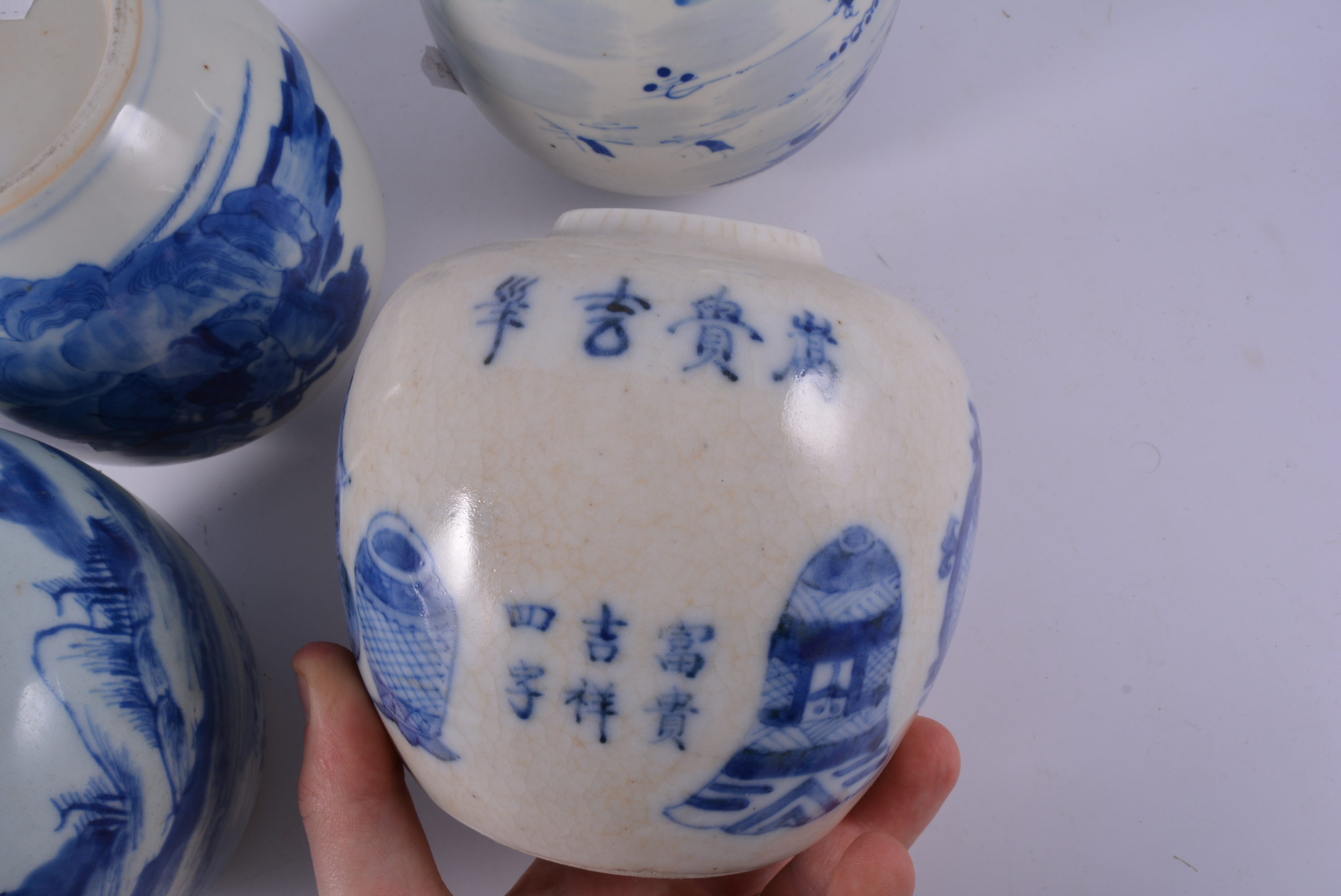 Chinese blue and white ginger jar, continuous landscape, with a fisherman, wooden lid and stand, - Image 5 of 6