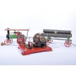 Mamod steam traction engine, log wagon and stationary steam engine,