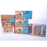 Model buildings for OO gauge railway, including Railroad Station by Aurora, R.