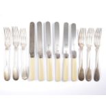 Six continental white metal fiddle pattern table forks,