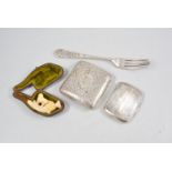 Empress of India plated fork, meerschaum cheroot holder, two silver cigarette cases.