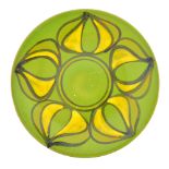 Poole Pottery, a Delphis charger, green ground with yellow bud design, pottery backstamp, 35cm diam.