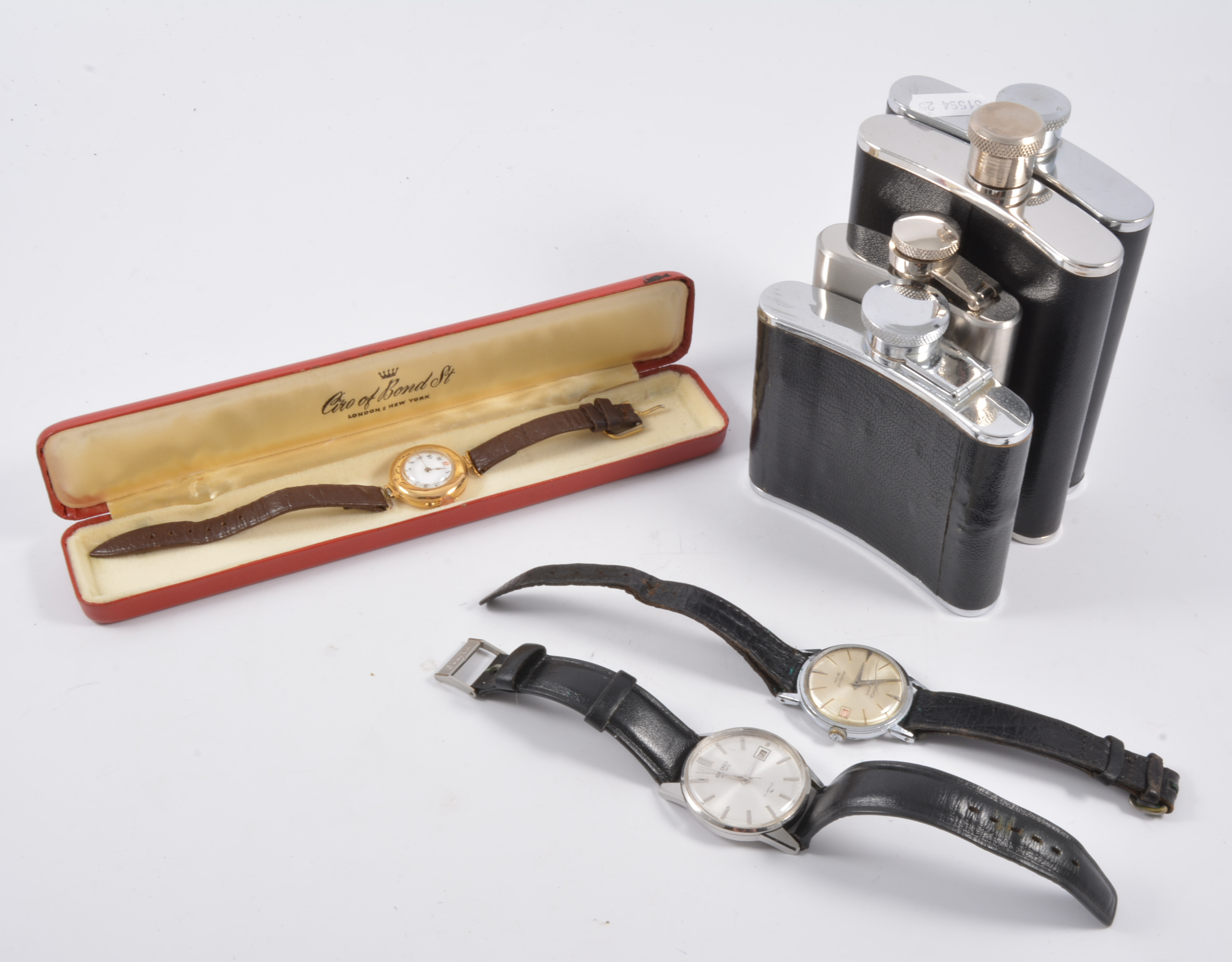Wristwatches and hip flasks, including gold cased wristwatch.