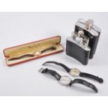 Wristwatches and hip flasks, including gold cased wristwatch.