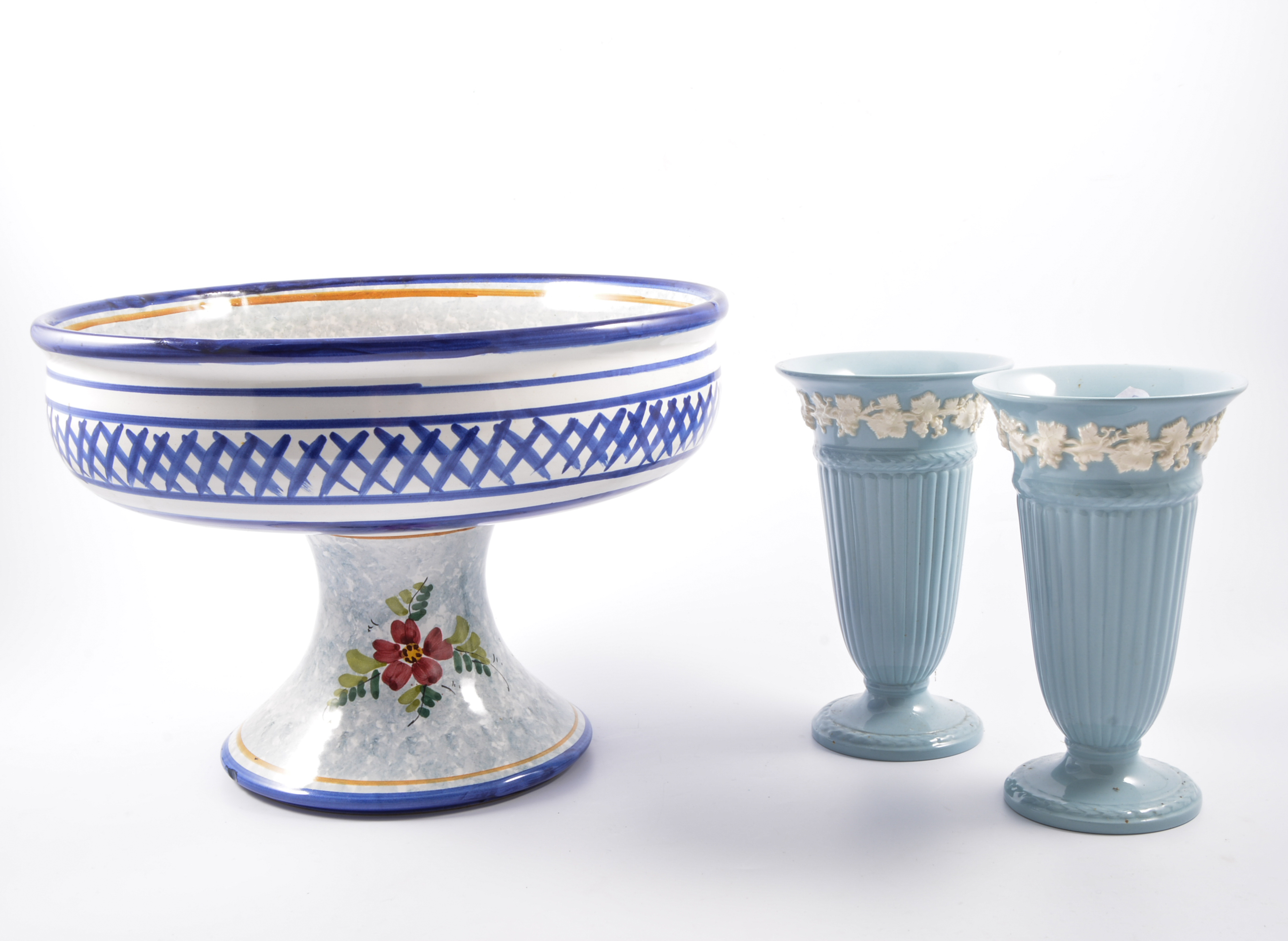 Pair of Wedgewood Queens ware vases, along with other decorative ceramics.