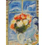 Follower of Marc Chagall, vase of flowers, before a window, oil on canvas, 76cm x 56cm; and another,