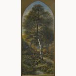 Victorian School, Woodland, oil on card, indistinctly signed, 58 x 23cm.