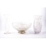 Three boxes of decorative glassware, including decanters, bowls and dishes, many Victorian.