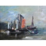 Andrew Tozer, Blakeney Quay, signed, oil on board and a study of sailing boats by another hand, (2).