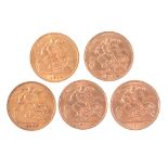 Five Half Sovereigns, George V 1914 (2), 1912 (1), 1911 (2).