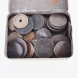 Coins, Georgian and later copper coins, token, etc., in a vintage tobacco box.