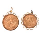 Two pendants, a Full Sovereign Edward VII 1907 in a 9 carat yellow gold scroll top mount,