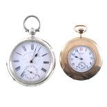 Two open face pocket watches, a white metal open face pocket watch,