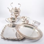 A tray of silver-plated wares, salver, bread board, kettle and stand (missing handle inset), spoons,