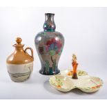 Royal Cauldon Cairoware vase, Coronet ware centrepiece and Colley Arts stoneware flagon,