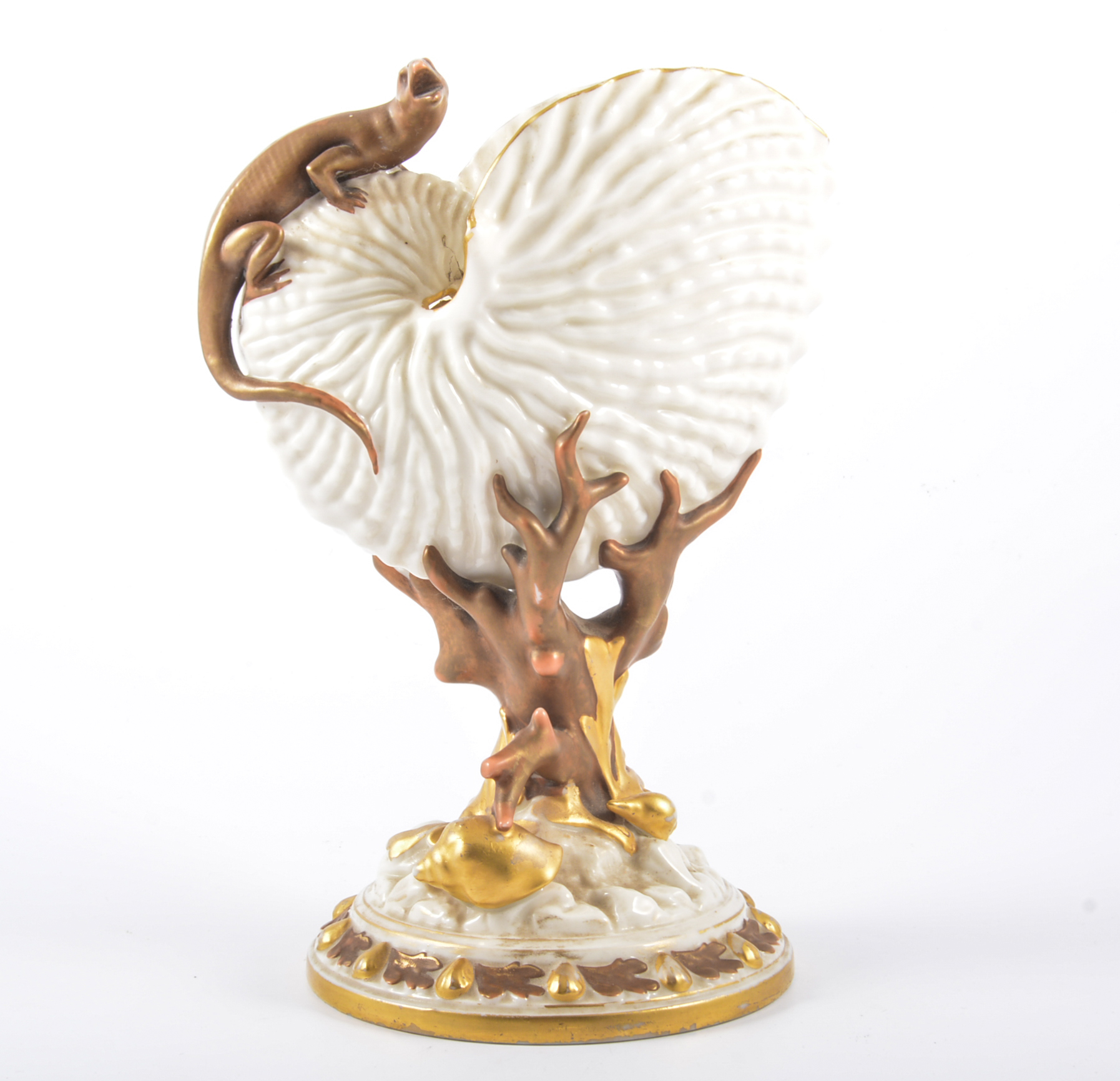 A Worcester posy vase, modelled as a conch shell and lizard, painted and highlighted in gilt,