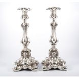 A pair of Continental silver plated candlesticks, Baroque style, weighted, 39cm, (2).