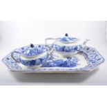 Blue and white Woods ware teapots together with a Victorian Staffordshire blue meat dish, 51cm x 39.