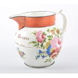 Staffordshire creamware jug,1820, baluster shape, named I&S HUGHES, SEPTEMBER 1820,