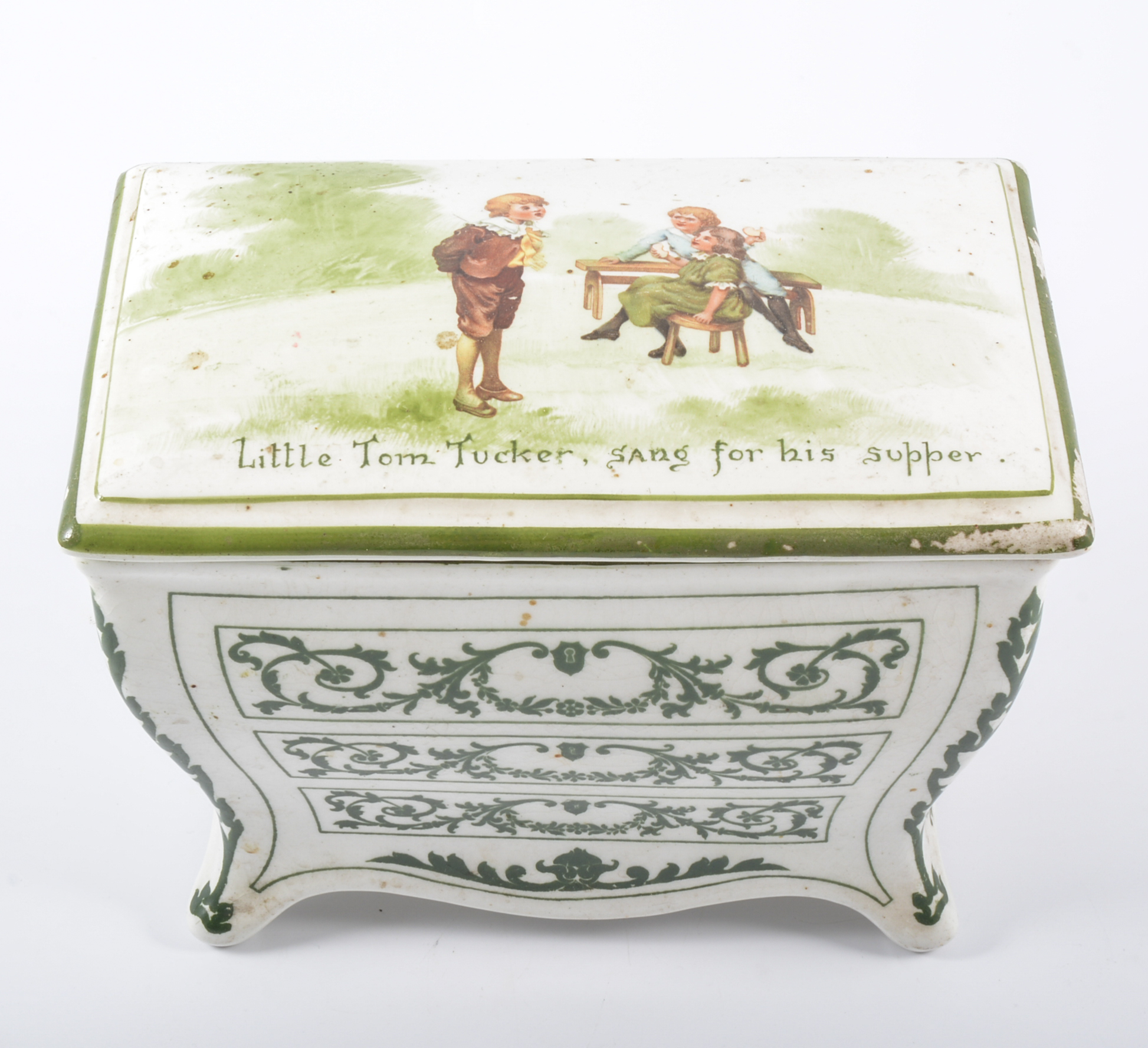 Royal Doulton bone china biscuit box for Huntley & Palmers, Little Tom Tucker, Sang For His Supper',