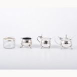 Three Edwardian silver baluster shape pepperettes, 8cm and four other condiments, (7).