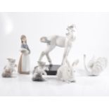 Lladro figures, Cat and Mouse 0536 x 2, White Swan 50133 Attentive Rabbit 05905,