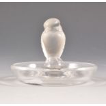 Small Lalique Crystal circular pin dish, centred by a frosted glass bird, etched Lalique ® France,