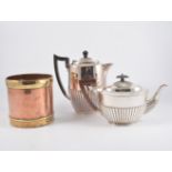 Silver teapot, semi-gadrooned, assorted quantity of plated ware,