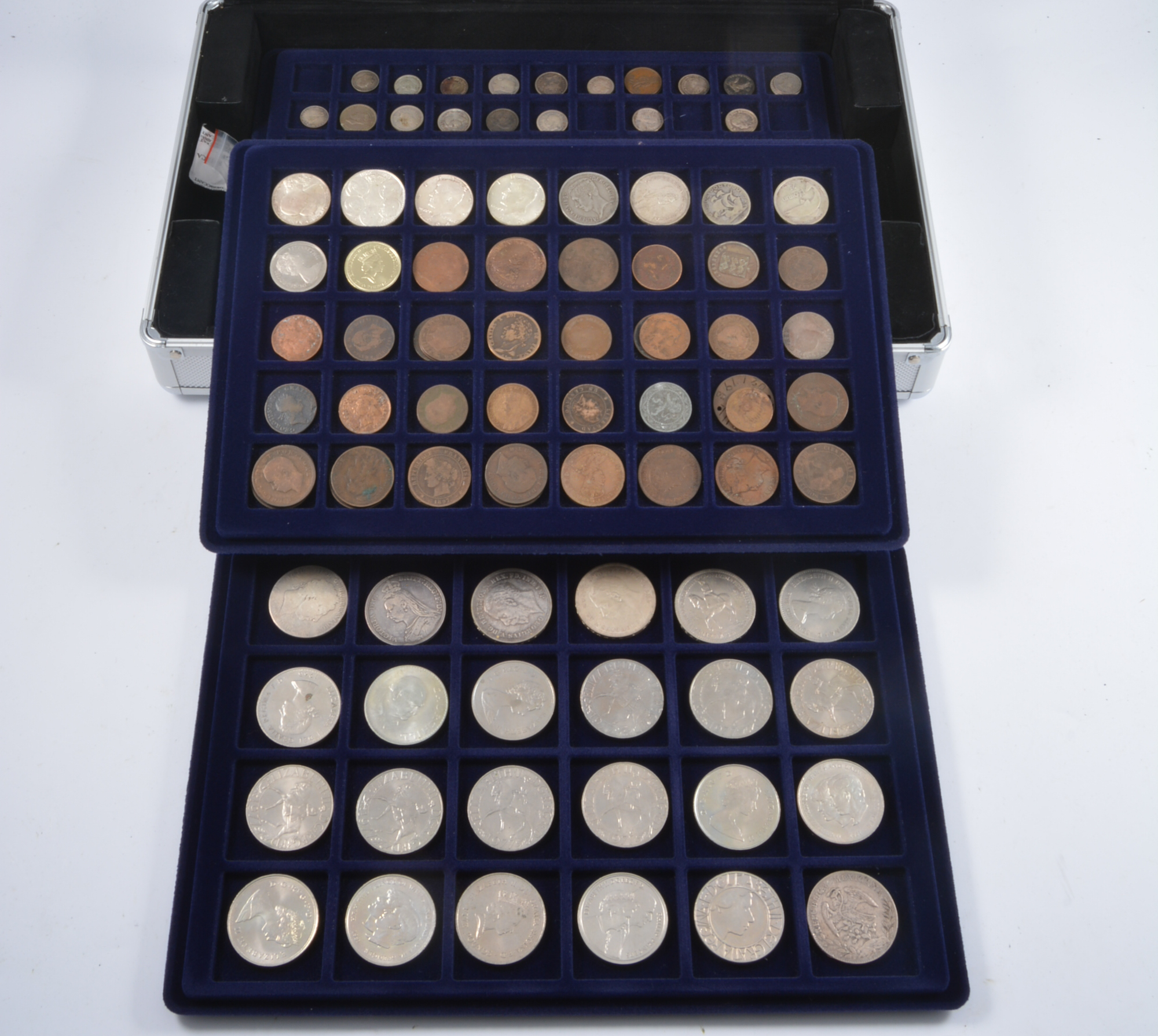 A collection of coins in trays, UK and USA, George III through to present day.
