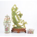 Chinese carved soapstone figure with a basket, hardwood plinth,