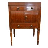 Victorian washstand (adapted), hinged rectangular top above a cupboard and drawer, turned legs,