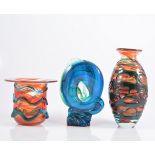Three pieces of Mdina art glass, two vases internally coloured red glass with turquoise trailing,
