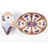 Royal Crown Derby, Owl paperweight, modelled by Robert Jefferson and a lobed oval dish.