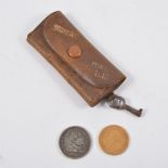 1898 South African One Pond gold coin, 1816; silver Shilling in leather folding purse.