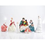 Royal Worcester figure, First Dance; five Royal Doulton ladies; and a Coalport lady.